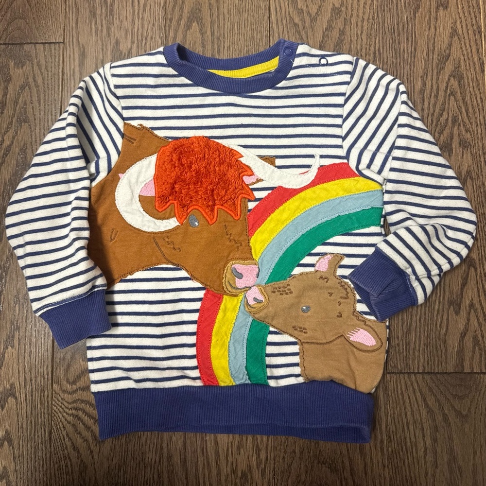 Mini Boden Navy and White Stripe Sweatshirt with Rainbow and Cow Appliqués